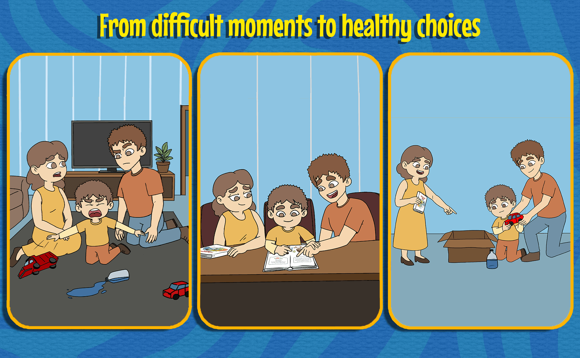 From difficult moments to healthy choices, shown across three everyday scenes.